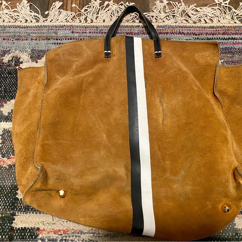 Clare V Simple Tote Camel Suede black White Stripe
